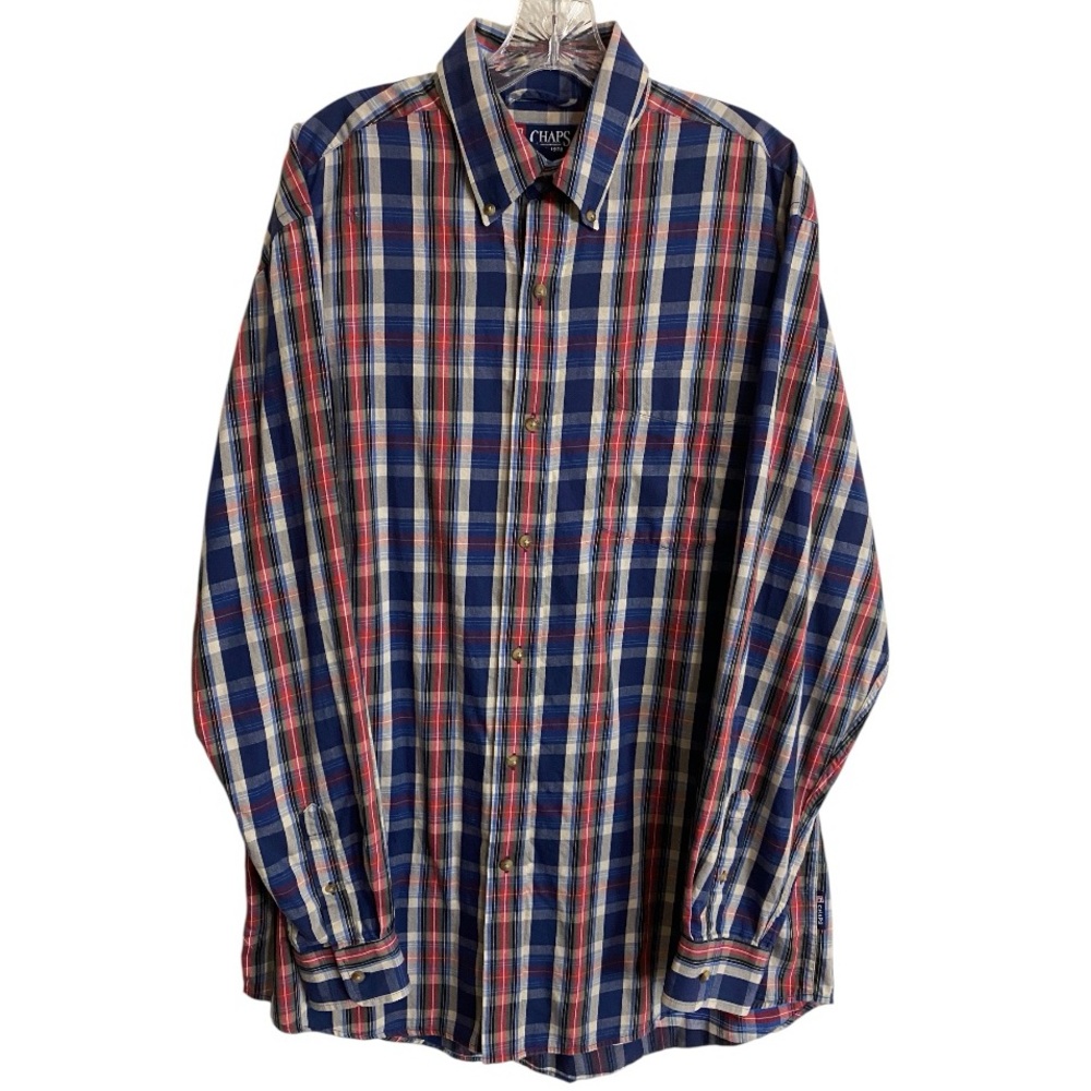 Chaps Men's Plaid Button Down Shirt - Navy and Red